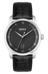 Hugo Boss Men Principle Quartz Basic Calendar Black Leather Watch 41mm In Black