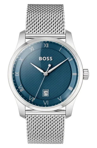 Hugo Boss Men Principle Quartz Basic Calendar Silver-tone Stainless Steel Watch 41mm In Silver/galvanic Blue