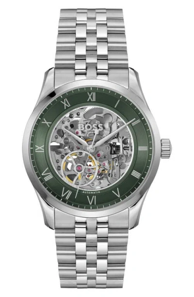 Hugo Boss Boss Principle Skeleton Automatic Bracelet Watch, 41mm In Dark Green