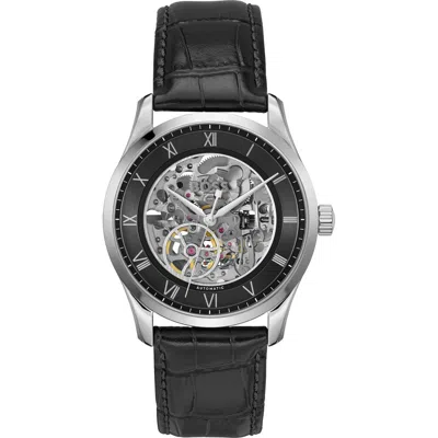 Hugo Boss Boss Principle Skeleton Automatic Leather Strap Watch, 41mm In Black