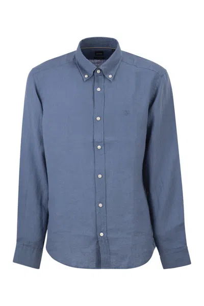 Hugo Boss Boss Pure Linen Regular Fit Shirt With Button-down Collar In Blue