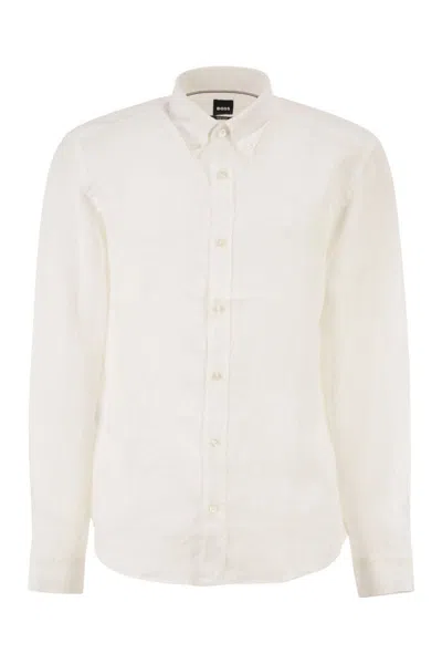 Hugo Boss Boss Pure Linen Regular Fit Shirt With Button-down Collar In White