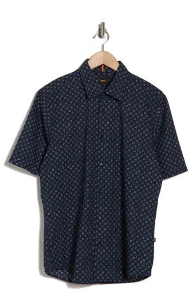 Hugo Boss Boss Rash Print Cotton Short Sleeve Button-up Shirt In Dark Blue