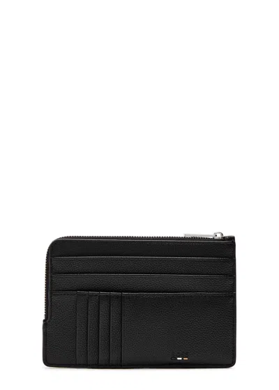 Hugo Boss Boss Ray Logo Grained Leather Card Holder In Black
