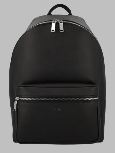 Hugo Boss Boss Recycled Material Leather Backpack In Black