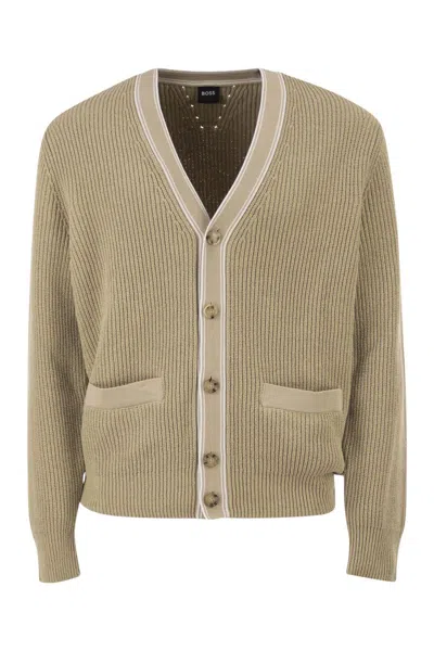 Hugo Boss Boss Ribbed Cotton Cardigan With Contrast Buttons In Brown