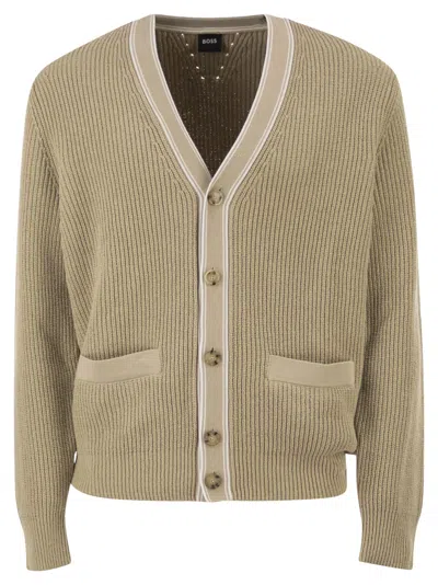 Hugo Boss Boss Ribbed Cotton Cardigan With Contrast Buttons In Neutral