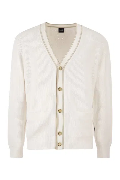 Hugo Boss Boss Ribbed Cotton Cardigan With Contrast Buttons In White