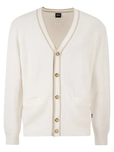 Hugo Boss Boss Ribbed Cotton Cardigan With Contrast Buttons In Neutral