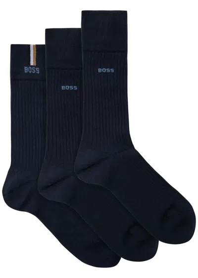 Hugo Boss Boss Ribbed Cotton-blend Socks In Blue