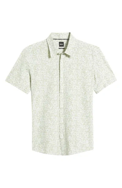 Hugo Boss Boss Roan Floral Short Sleeve Stretch Button-up Shirt In Medium Green
