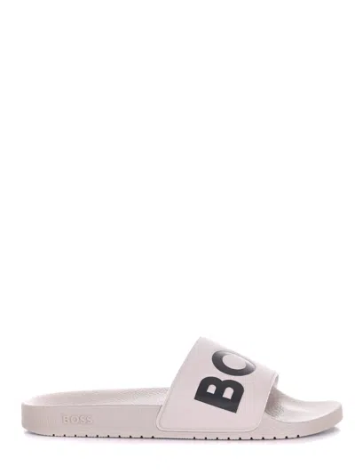 Hugo Boss Logo-debossed Moulded-footbed Slides In Neutrals