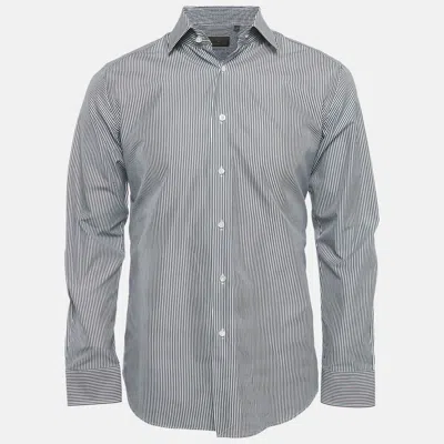 Pre-owned Hugo Boss Boss Selection  Grey Striped Slim Fit Cotton Shirt M In Gray