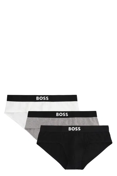 Hugo Boss Boss Set Of Three Cotton Briefs With Logoed Elastic Band In Multi