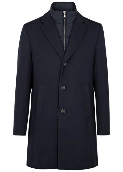 Hugo Boss Boss Shell-layered Cotton-blend Coat In Navy