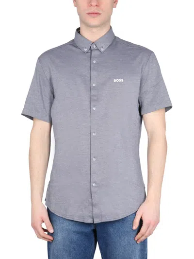 Hugo Boss Logo Shirt Featuring Button-down Collar In Gray