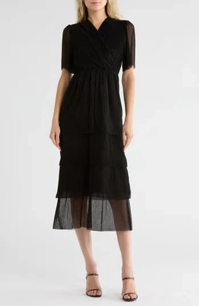 Hugo Boss Boss Short Sleeve Tiered Plissé Midi Dress In Black