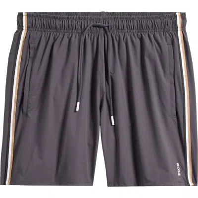 Hugo Boss Boss Side Stripe Stretch Swim Trunks In Gray