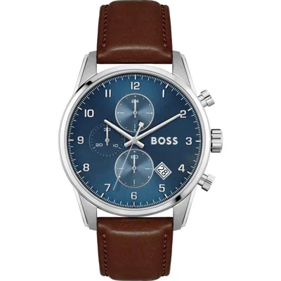 Hugo Boss Boss Skymaster Chronograph Leather Strap Watch, 44mm In Blue