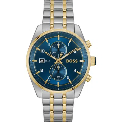 Hugo Boss Skytraveller Two-tone Chronograph Watch With Blue Dial In Metallic