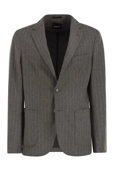 Hugo Boss Boss Men Slim-fit Blazer In Stretch Striped Flannel In Gray