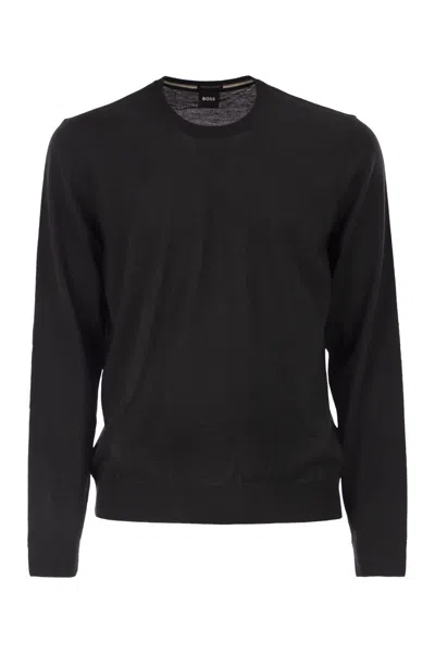Hugo Boss Boss Men Slim Fit Crew Neck Jumper In Merino Wool In Black