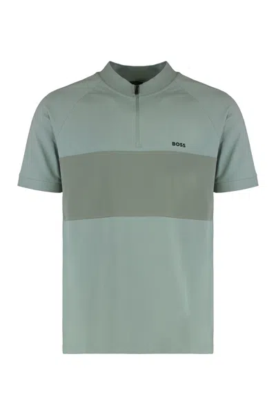 Hugo Boss Boss Sport Polo In Cotton Blend With Zip Collar In Green