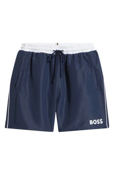 Hugo Boss Boss Starfish Logo Graphic Swim Trunks In Navy