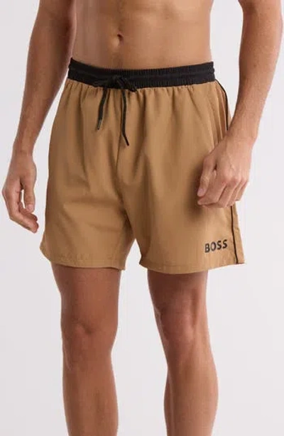 Hugo Boss Boss Starfish Recycled Polyester Swim Trunks In Medium Beige