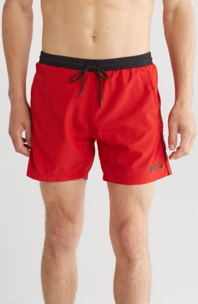 Hugo Boss Starfish Recycled Polyester Swim Trunks In True Red