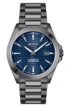 Hugo Boss Men's Strike Quartz Basic Calendar Ionic Plated Grey Steel Watch 41mm In Blue