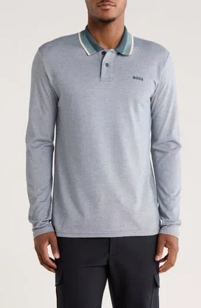 Hugo Boss Boss Stripe Collar Long Sleeve Cotton Piqué Polo In Gray