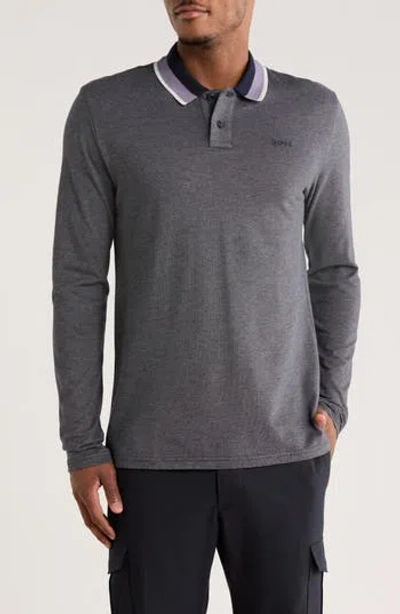 Hugo Boss Boss Stripe Collar Long Sleeve Cotton Piqué Polo In Gray