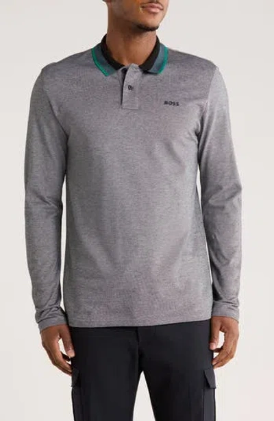 Hugo Boss Boss Stripe Collar Long Sleeve Cotton Piqué Polo In Gray