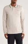 Hugo Boss Mens Open White Brand-embroidered Long-sleeved Cotton-piqué Polo Shirt In Neutral
