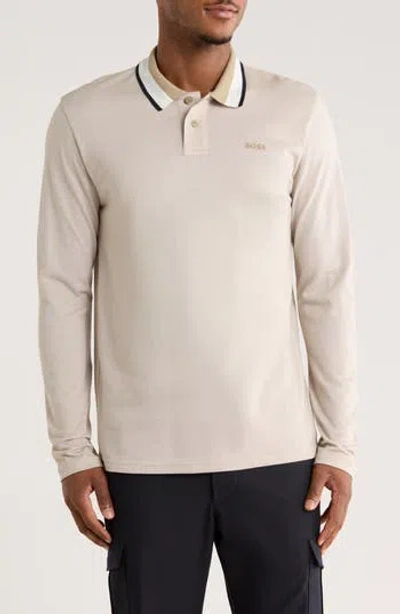 HUGO BOSS BOSS STRIPE COLLAR LONG SLEEVE COTTON PIQUÉ POLO