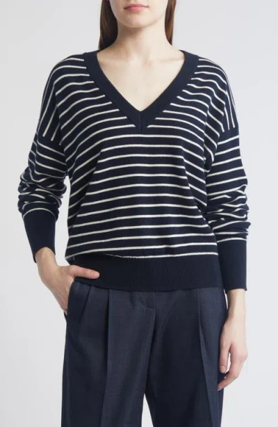 Hugo Boss Boss Stripe Wool & Cashmere V-neck Sweater In Black Stripe