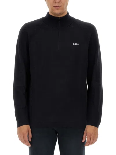 Hugo Boss Branded Zip-neck Sweater In Dry-flex Fabric In Dark Blue