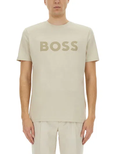 Hugo Boss Cotton-jersey T-shirt With Rubber-print Logo In Light Beige