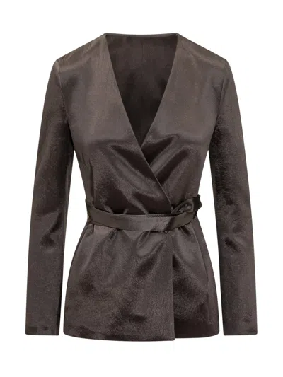 Hugo Boss Boss Tailored Jacket With Belt And V-neck Design In Brown