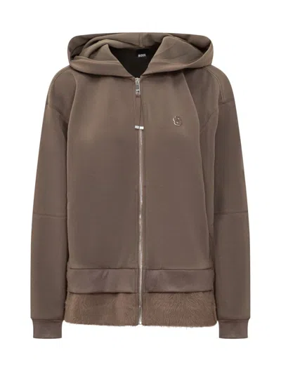 Hugo Boss Boss Taupe Boss Hoodie With Fur In Brown