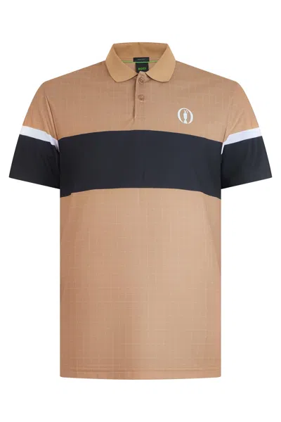 Hugo Boss Boss Technical Fabric Short-sleeve Polo With Contrast Stripe In Brown