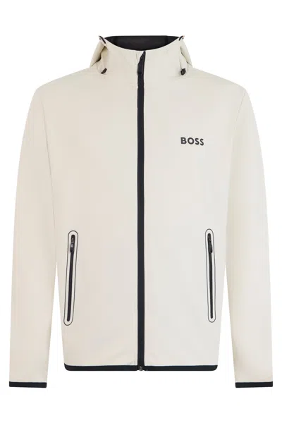 Hugo Boss Boss Technical Fabric Zip-up Hoodie Sweatshirt With Adjustable Hood And Zip Pockets In Neutral