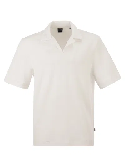 Hugo Boss Boss Textured Cotton Polo Shirt With Open Collar In White