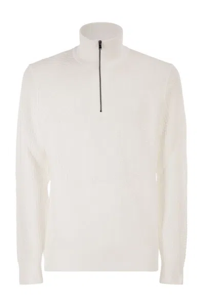 Hugo Boss Boss Textured Cotton Sweater With High Neck And Zip In White