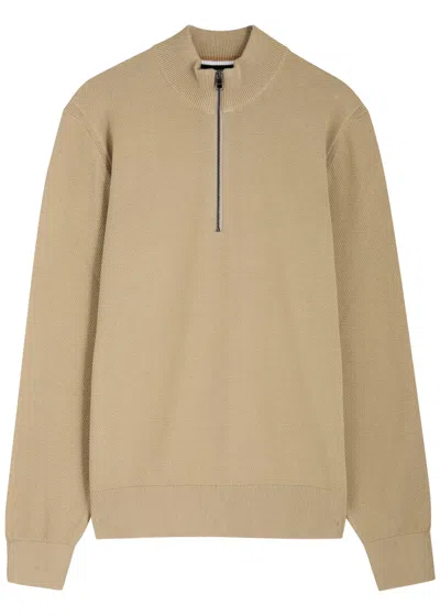 Hugo Boss Boss Textured Half-zip Cotton Jumper In Beige