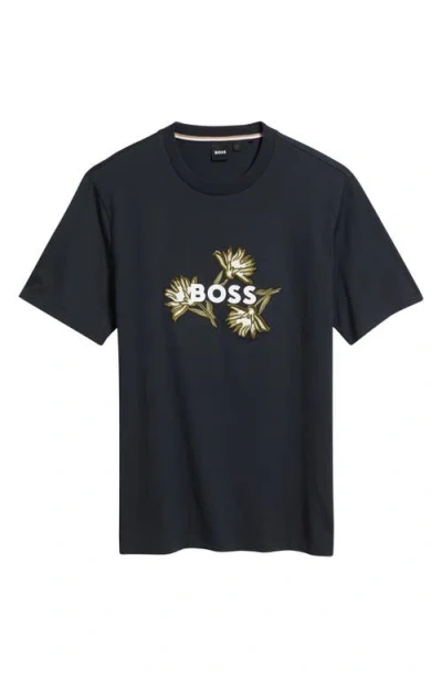 Hugo Boss Boss Thompson Floral Logo Cotton Graphic T-shirt In Dark Blue