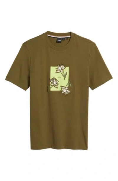 Hugo Boss Boss Thompson Floral Logo Cotton Graphic T-shirt In Dark Green