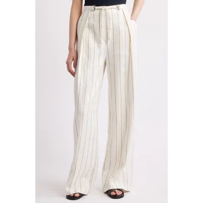 Hugo Boss Boss Tiana Tie Waist Pinstripe Linen Blend Pants In White