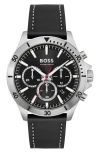 Hugo Boss Men's Chronograph Troper Black Leather Strap Watch 45mm In Black